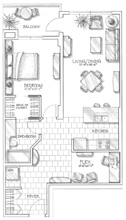 Floor plan for 1 bed, 1 bath, 813 sqft